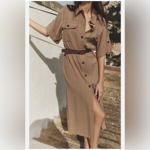 🎤🎉 Zara Beige Button Down Shirt Dress with Belt Sz XL